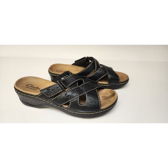 Clarks Bendables Wedge Open Toe Black Sandals Adjust Strap Leather Size 8.5M - Picture 3 of 8